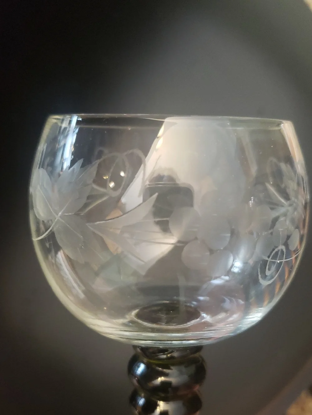 Vtg (3) Etched Grapevine Wine Glasses with Green Stems- 4 Oz